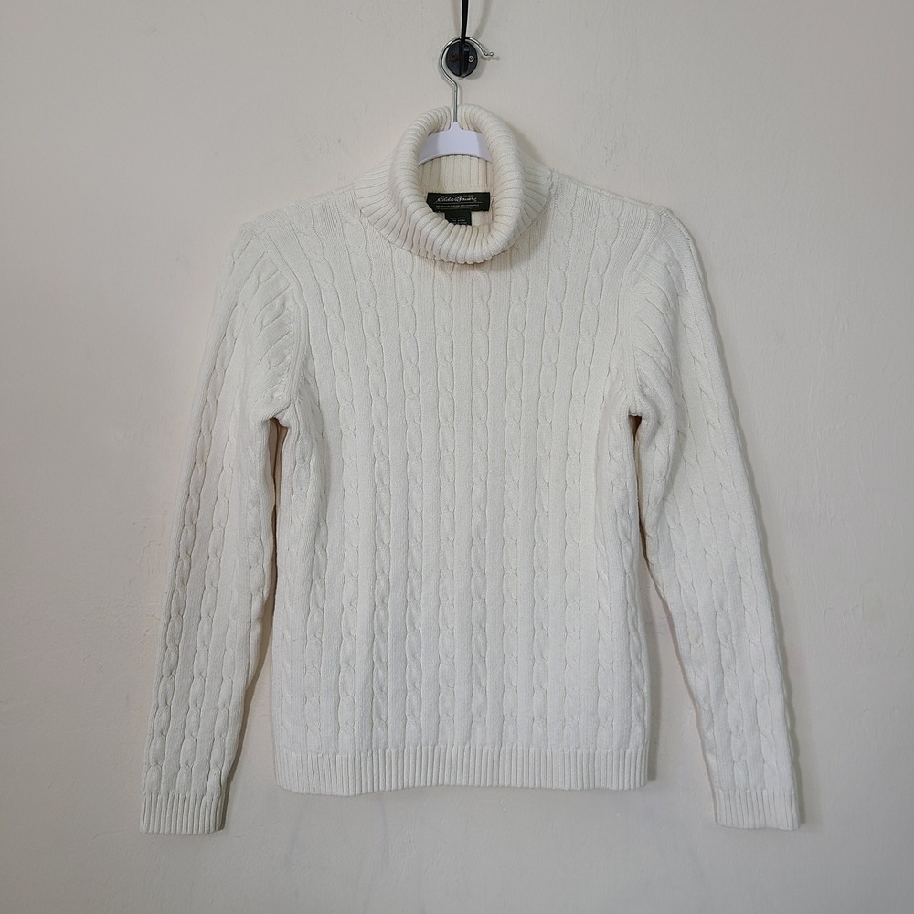 Eddie Bauer Cream Cable Knit M Turtleneck Sweater Old Money Preppy Soft Academia